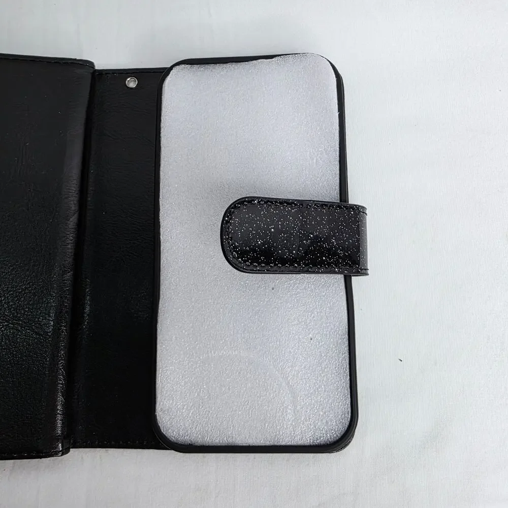 Phone Case for iPhone 16 Pro Black Glitter W Detachable Wallet with Card Holder